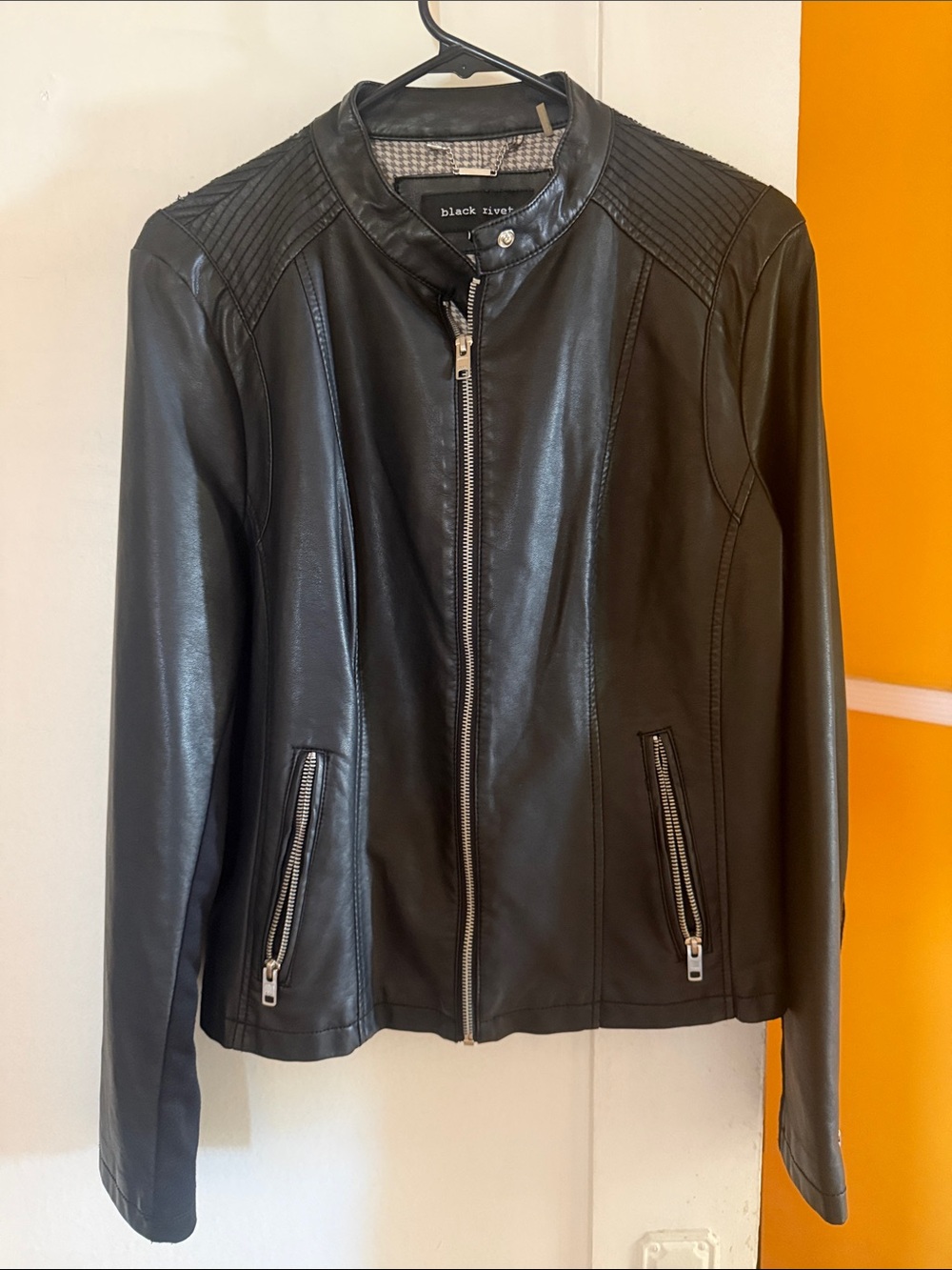 Black Rivet Black Faux Leather Quilted-Shoulder Moto Jacket